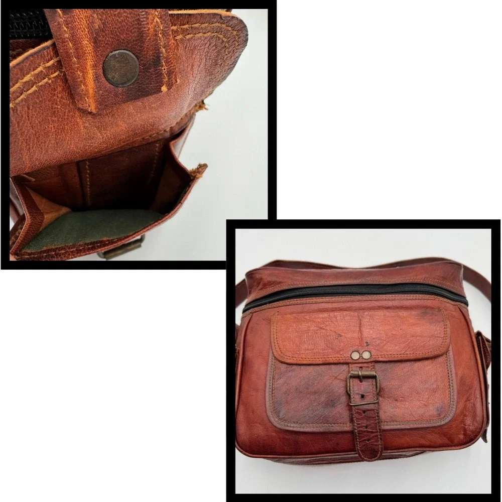 Brown Leather Camera Bag Messenger Crossbody Shoulder Bag Satchel Unisex Brown